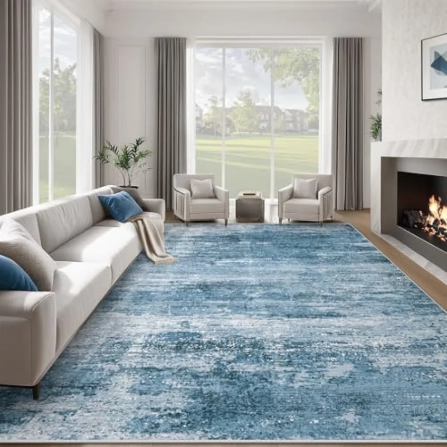 

Washable 8x10 area rug for living room: neutral darkblue abstract non-slip low-pile modern carpet, soft fabric, indoor use in b