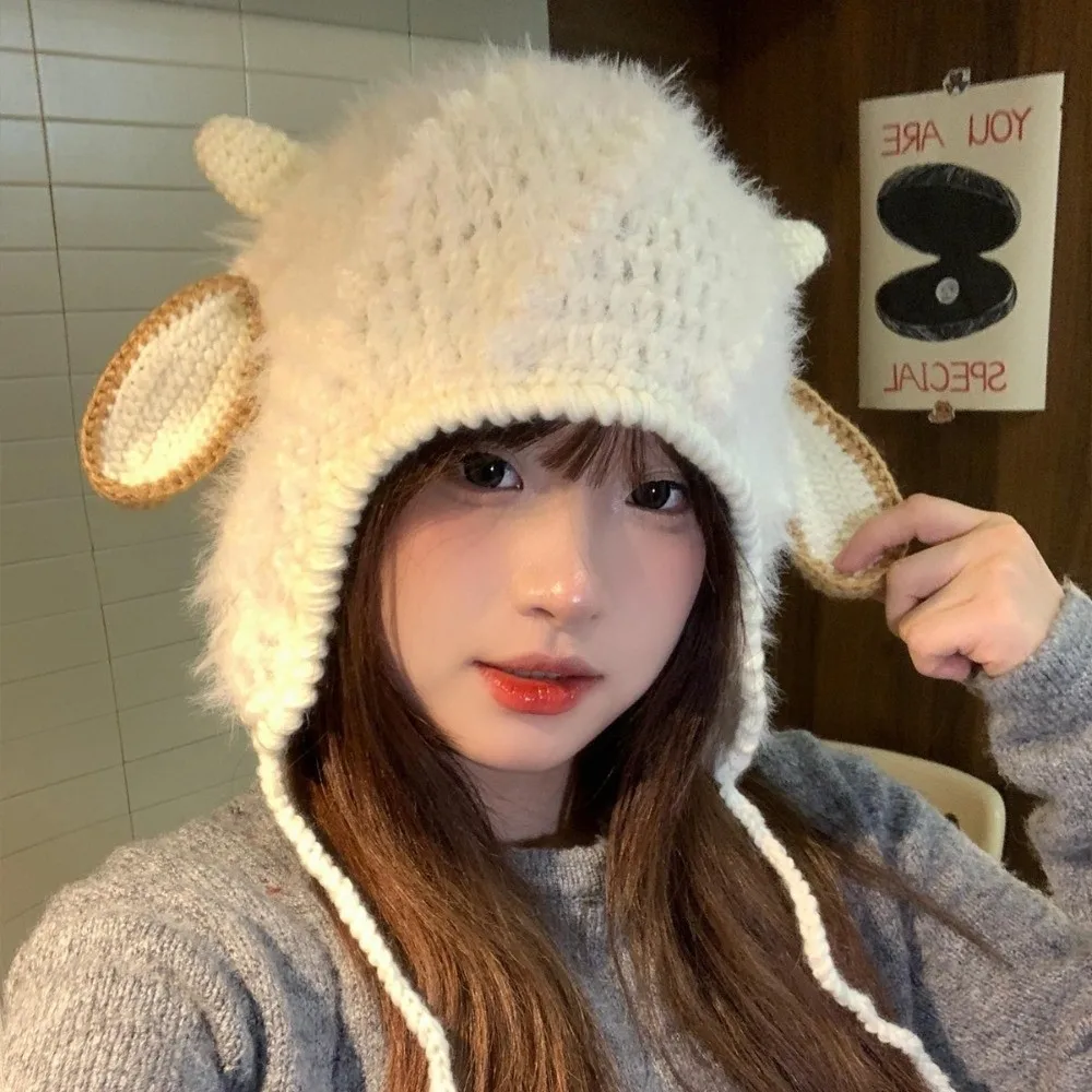 

New Keep Warm Winter Hats for Women Windproof Ear Protection Plush Hat Sheep Ear Design Soft Knitting Hat Autumn Winter