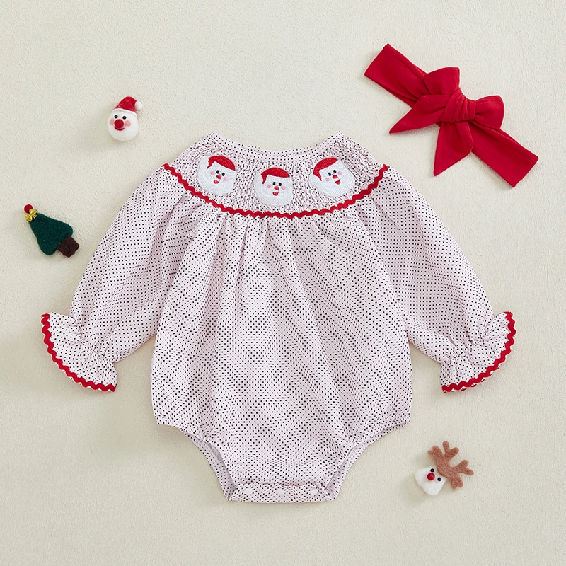 Smocked Baby Girl Clothes Christmas Romper Snowman Embroidery Long Sleeve Smocked Jumpsuits Bow Headband Outfits