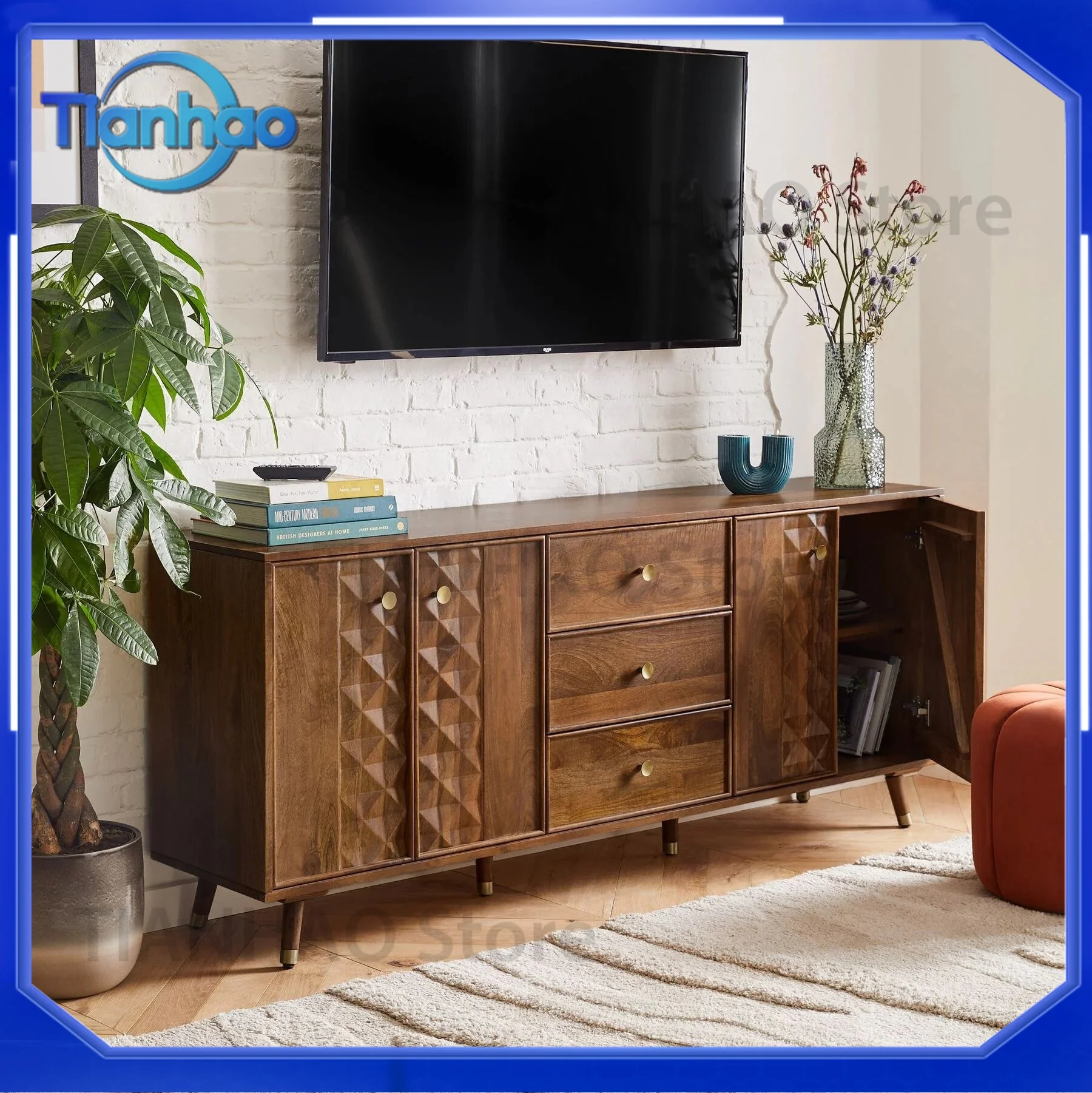 Custom Classical Sculpture Design Drawer Cabinet Solid Wood Media Cabinet Brass Hardware Sideboard Entryway Cabinet TV Stand