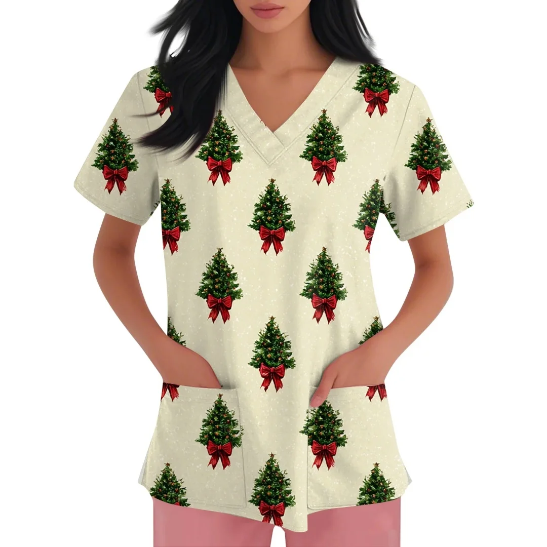 Roupas casuais femininas natal esfrega topo bonito boneco de neve árvore de natal impressão manga curta com decote em v uniformes médicos da enfermeira