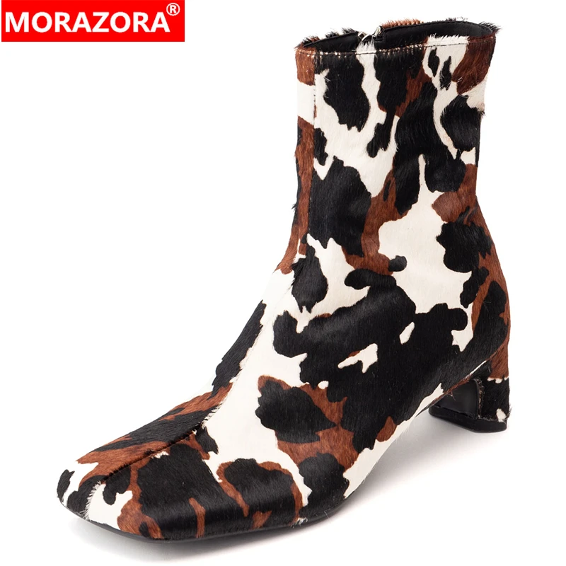 

MORAZORA 2026 New Horsehair Genuine Leather Boots Women Square Toe Chunky High Heels Ankle Boots Fashion Office Dress Shoes