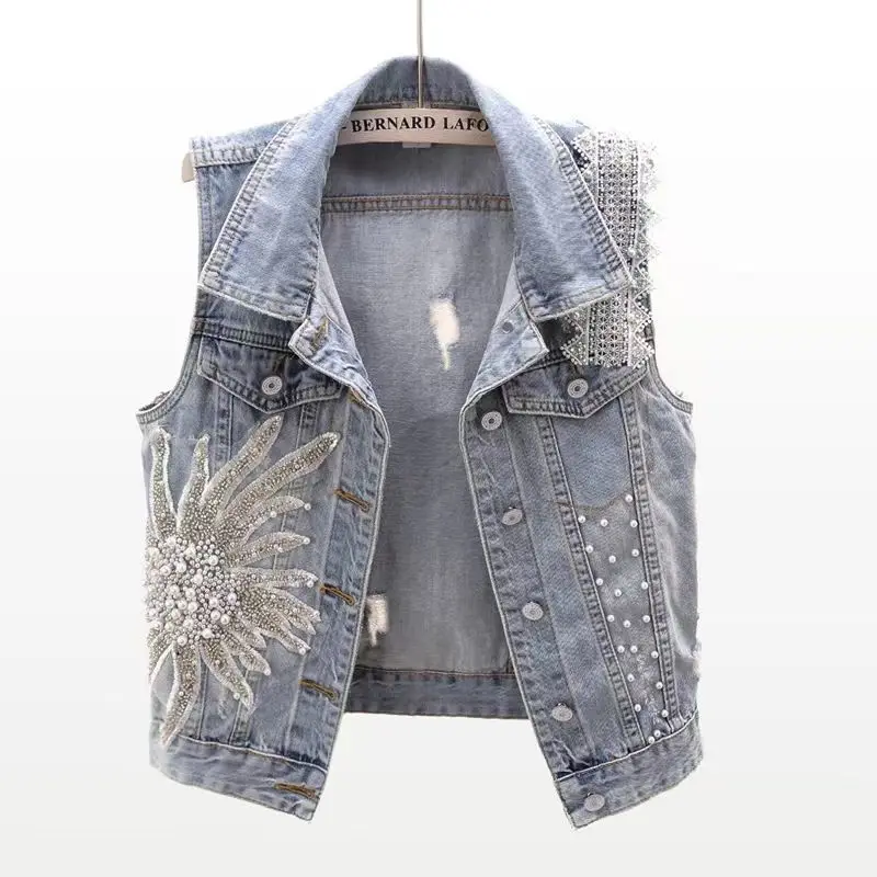 

Lace Fashion Beaded Denim Vest Women Cardigan 2026 New spring Sleeveless Jacket Fashion Loose Vintage jeans Waistcoat tide