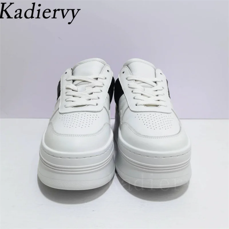 Casual Sneakers Women Genuine Leather Thick Sole White Shoes Lace Up Round Toe Outdoors Sports Shoes Platform Shoes Woman