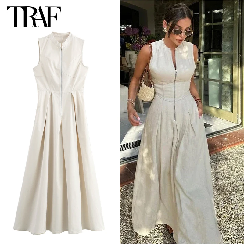 TRAF 2024 Draped Long Dresses for Women Zip Sleeveless Maxi Dress Woman Summer Holiday Womens Dresses Ruched Party Female Dress