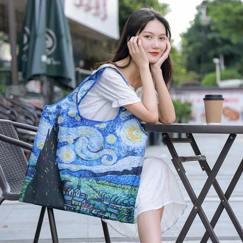 1pcs Portable Foldable Outdoor Travel Storage Bag Museum Famous Painting Series Sunflower Shopping Eco-friendly Bag