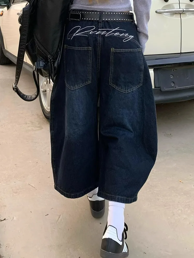 

Retro American Knife Seven-Foot Jeans Men Women Summer Embroidery Design Straight Leg Wide Pants Eight-Foot Trousers