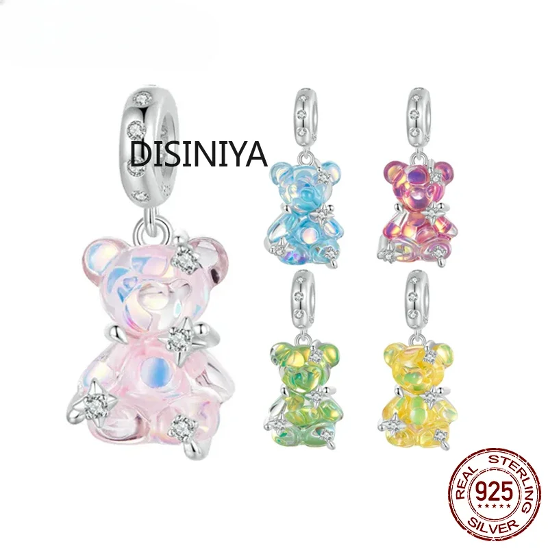 925 Sterling Silver Dreamy Bear Inlaid Stars Charm fit Charm Bracelet Bangle DIY Jewelry Five Colors Pet Pendant SCC2754