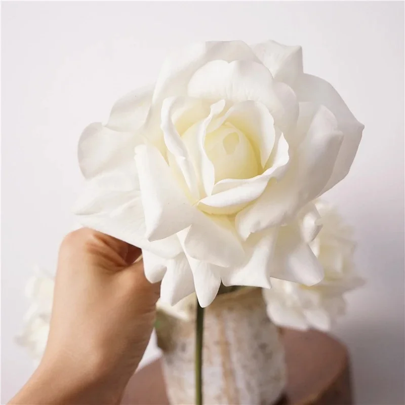 Artificial Rose Bouquet Fake Flowers, Pink White Faux Rose Short, Stem Floral Arrangement Wedding Party, Home Table Vase Decor