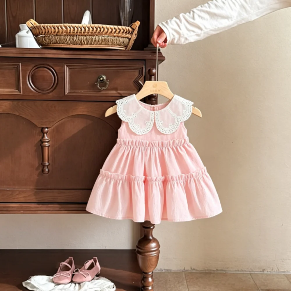 Baby Dress Summer Collared Solid-Color Sleeveless Girls' Dress Cute Beach Kids Dress Baby Girl Clothing