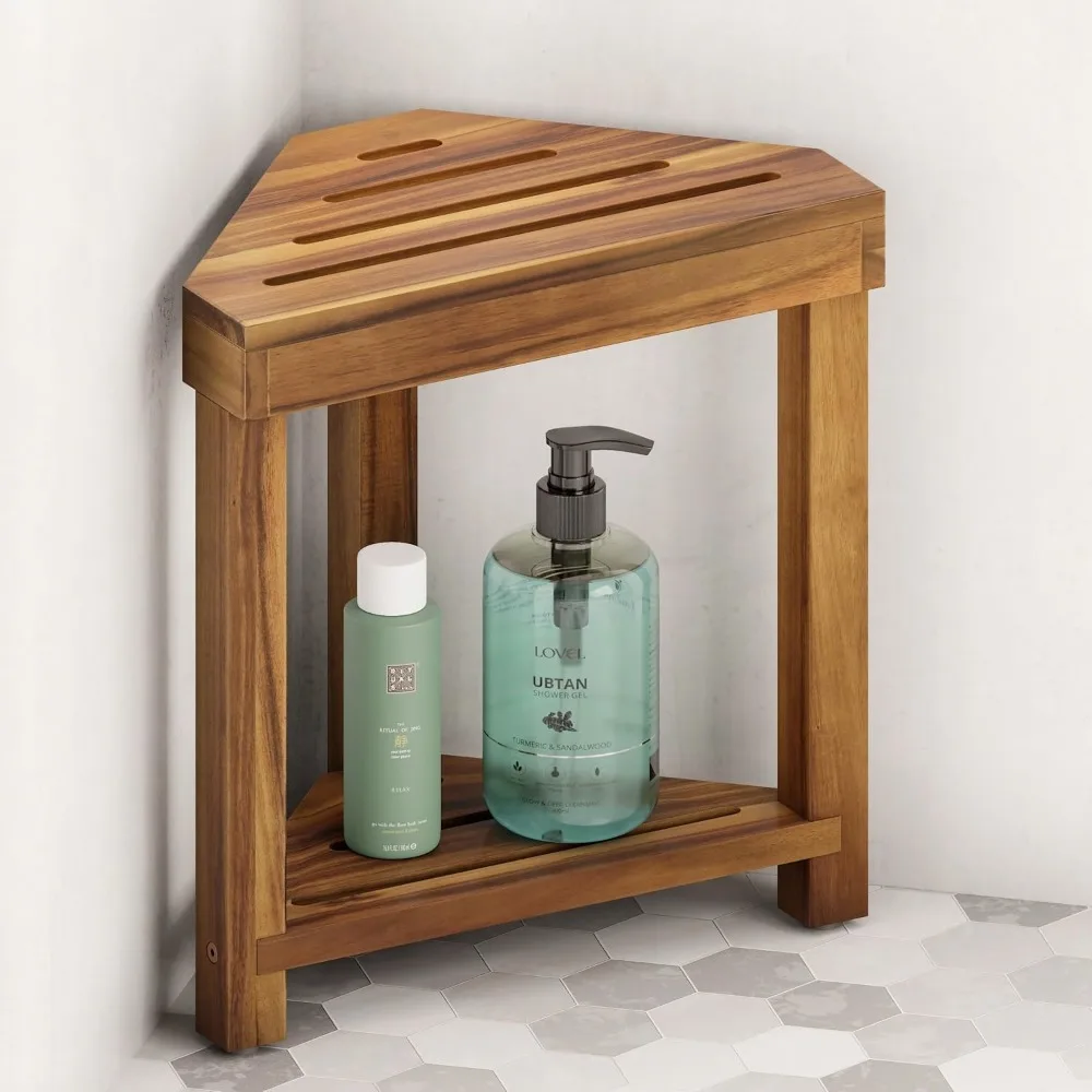 

16.4 Inch Wooden Corner Shower Foot Rest Waterproof With Storage Shelf For Small Spaces Shaving Legs
