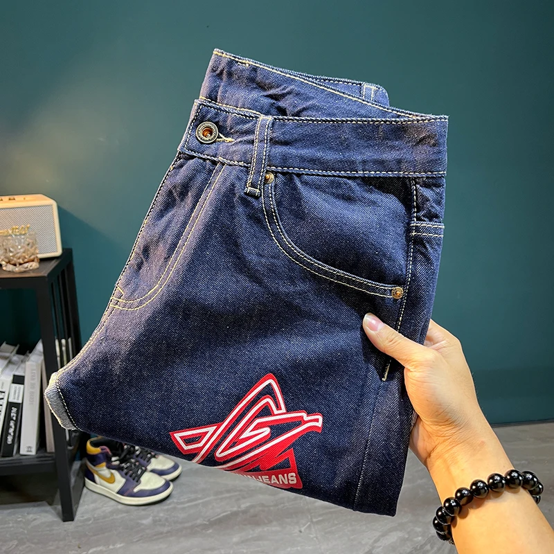 

TC3029 Summer high street stretch denim shorts worn holes printed male tide Slim patch high-end trend in trousers