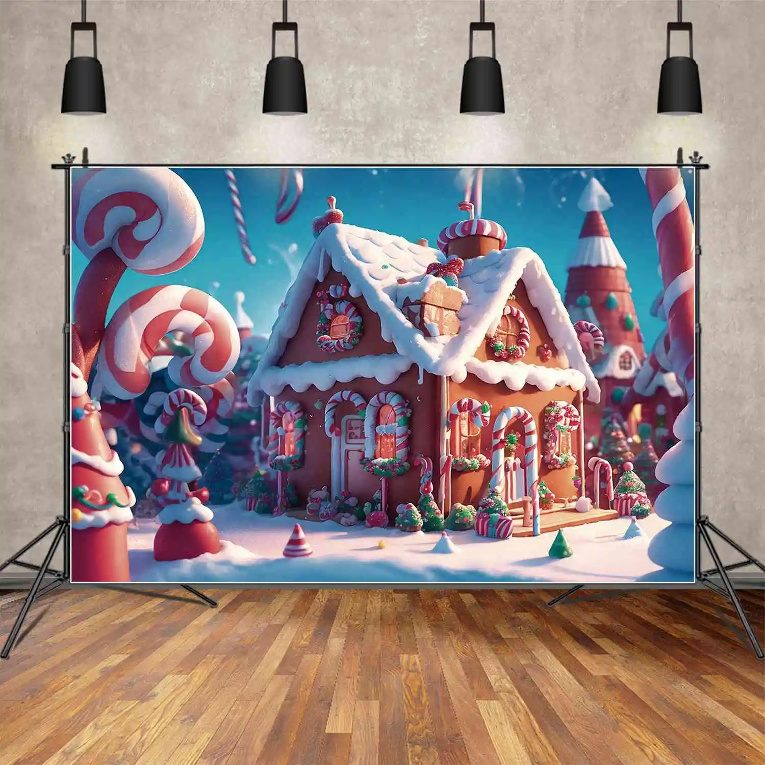 MOON.QG Photography Backdrop Christmas Gingerbread House Decoration Photo Background Kids Snow Cabin Candy Crutch Shooting Props