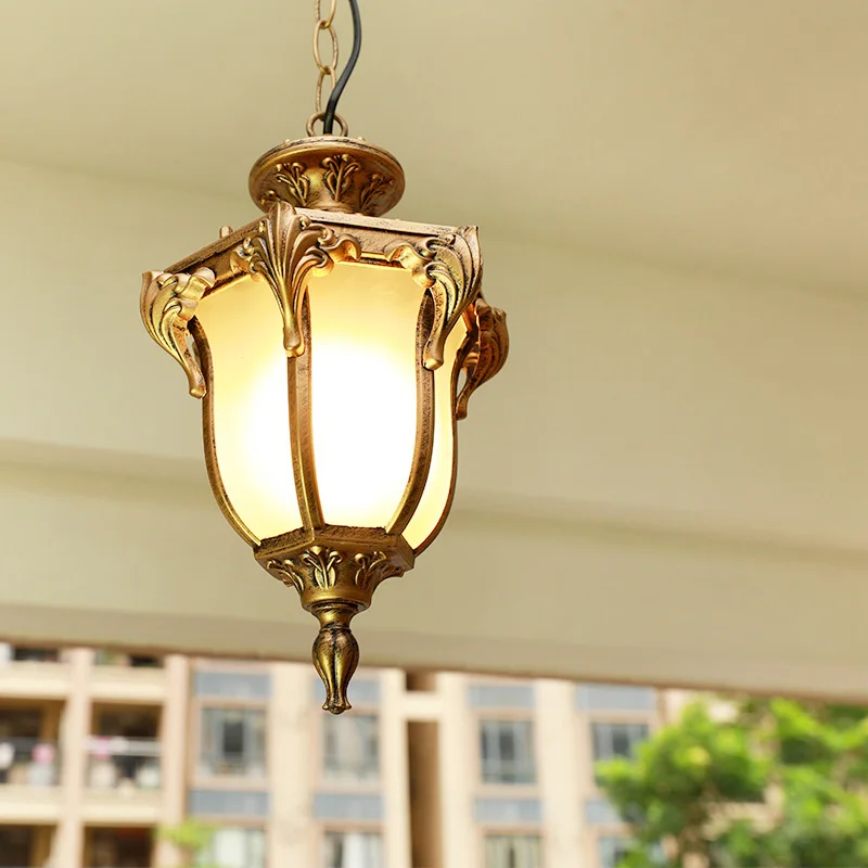 European Outdoor Porch Pendant Lights Vintage Bronze Exterior Hanging Lanterns Black Waterproof Corridor Weatherproof Light