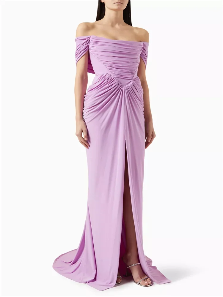 

Customized Off Shoulder Neckline Satin Sheath Evening Dress Open Back Zipper Floor Length Front Slit Sweep Train Gown For Women