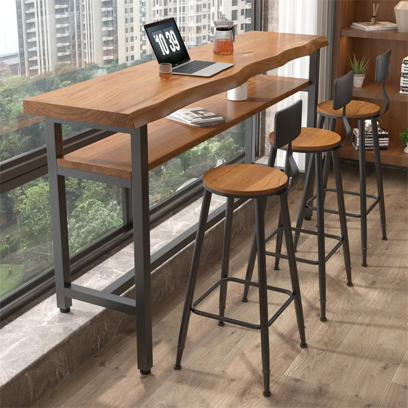 Solid wood bar table, home balcony, small apartment, window-side narrow table, loft tall, uneven legs, long strip table