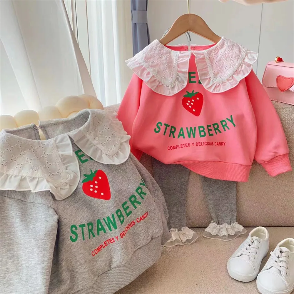 

Girls Sweet Sweater Children Spring Autumn Baby Infants Kids Strawberry Letter Lace Lapel Long sleeve Coat