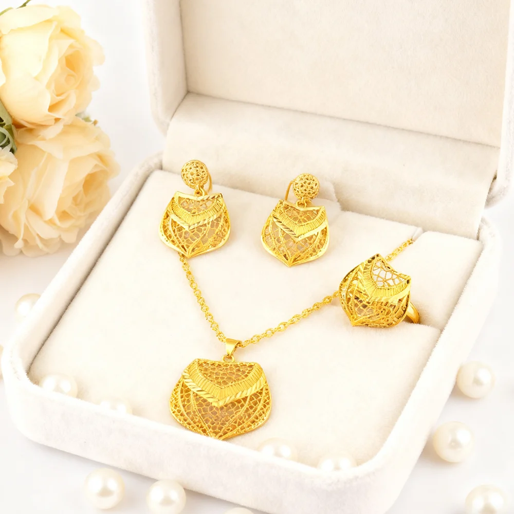 

24k gold plated jewelry sets earrings necklace rings for Women Indian Bridal Costume Sets Nigerian Wedding Party Gifts