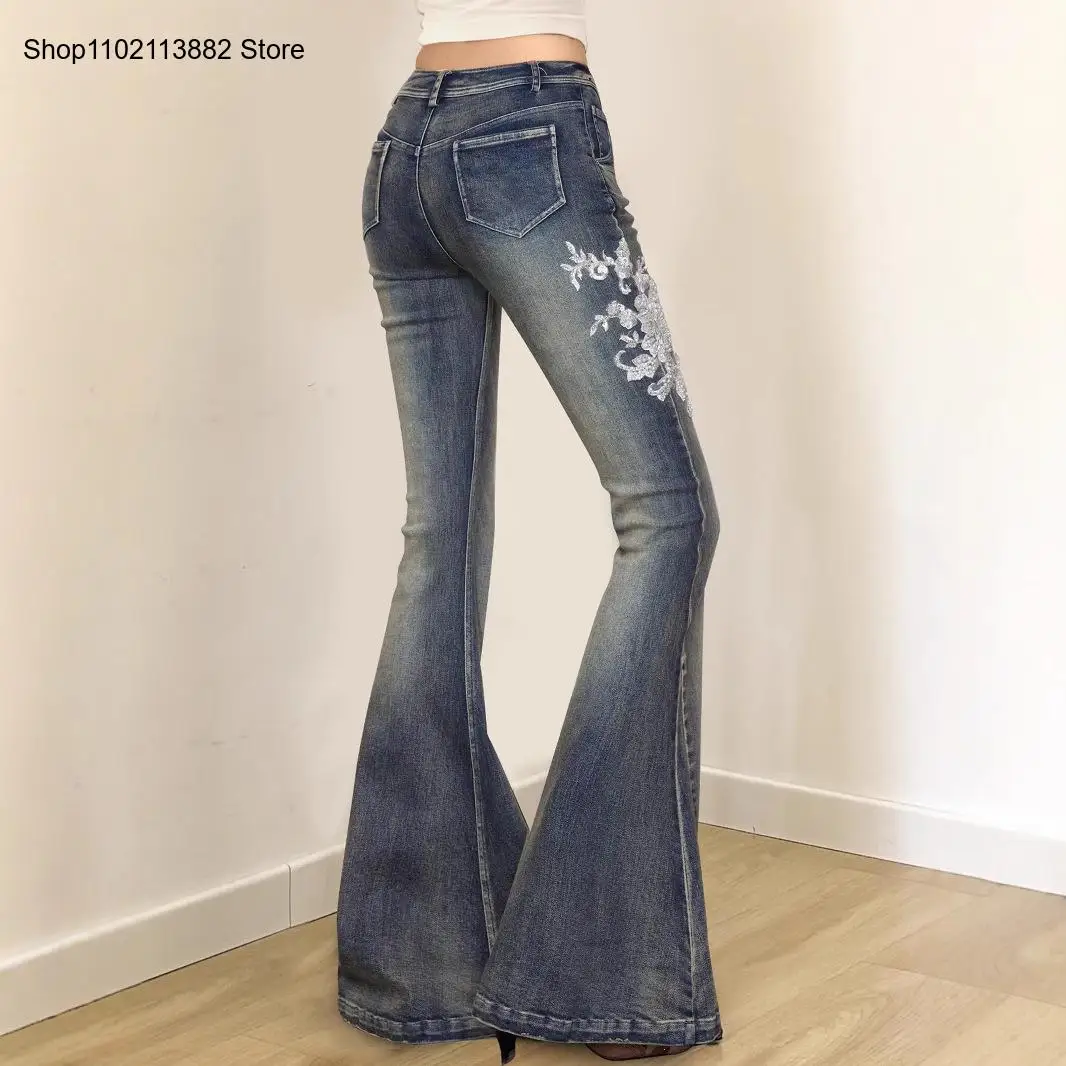 Spring and Summer Causal High Street Vintage Embroidered Distressed Low Rise Jeans Unique Design Casual Pants for Girls