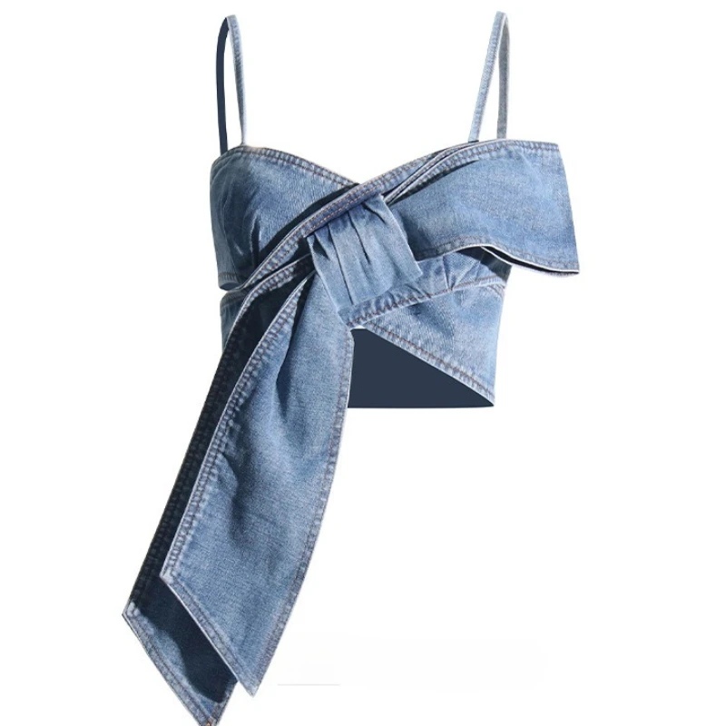 

2025 Hotsweet Girls Bow-knot Denim Tanks Top Slim Fit Sexy Camisole Personalized Women's Clothing Patchwork Camisole Vest Summer