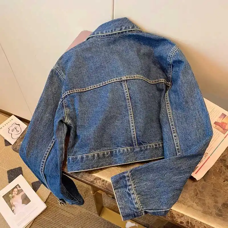 Women Spring Autumn New Exquisite Diamond Button Denim Short Coat Sweet Cool Style Single Breasted Blue Cowboy Jacket