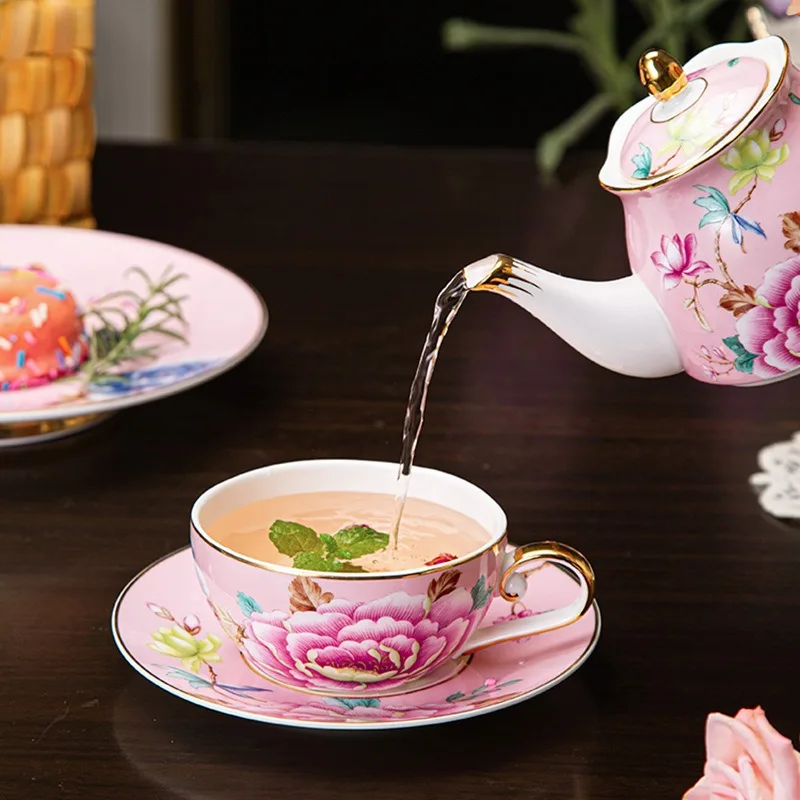 Premium Bone China Mother Child Teapot，Floral Design Complete Tea Cup & Saucer Set, Gold Rim Creative European, Gift for Women