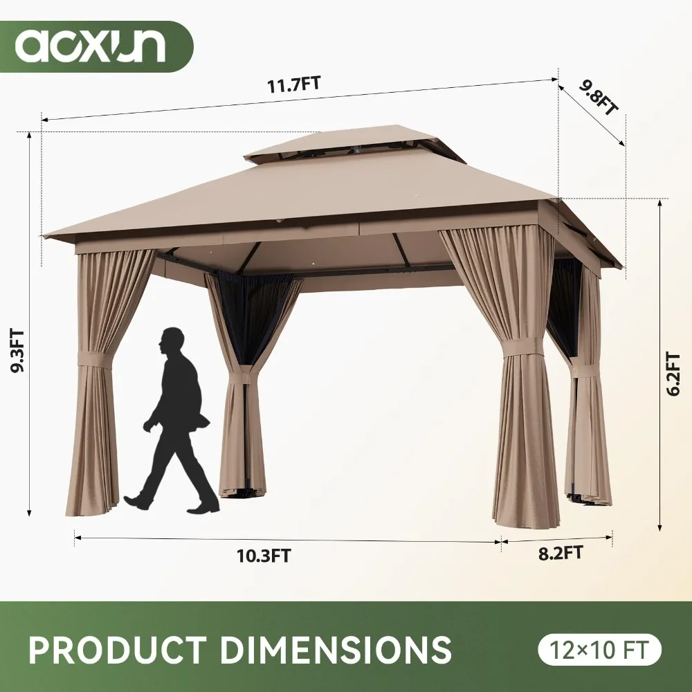 12'x10' Outdoor Gazebo with Curtain & Mosquito Netting, Beige