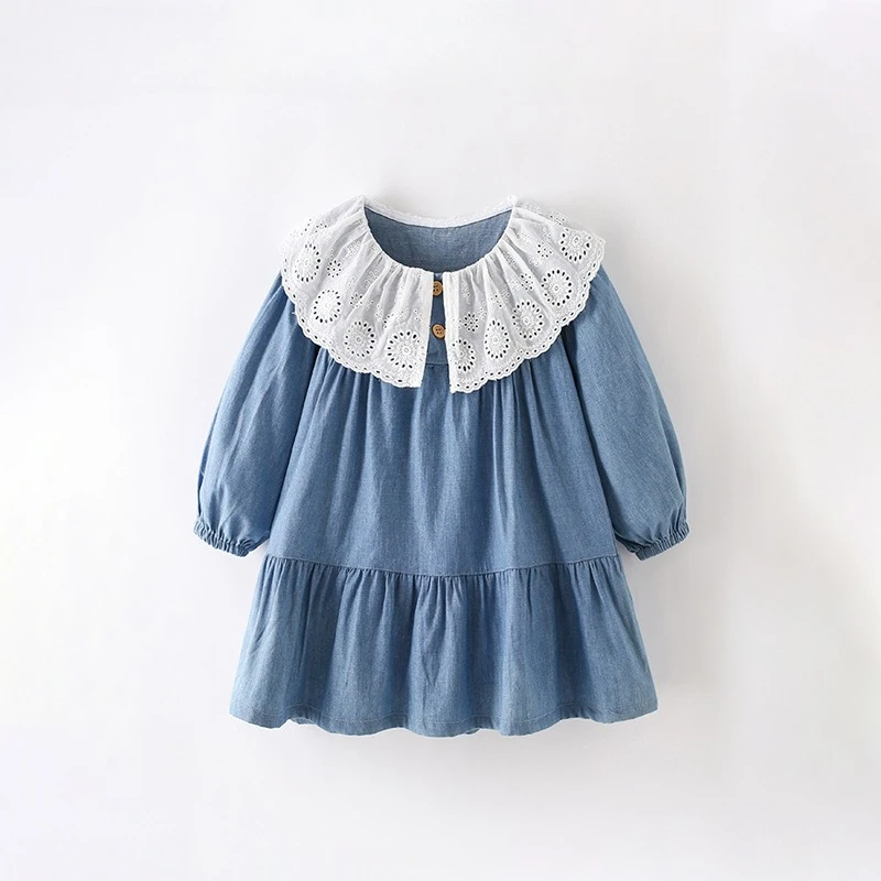 

Girls Denim Dress 2025 Autumn Winter New Europ-America Style Round Neck Peter Pan Collar Long Sleeved Girls Skirt