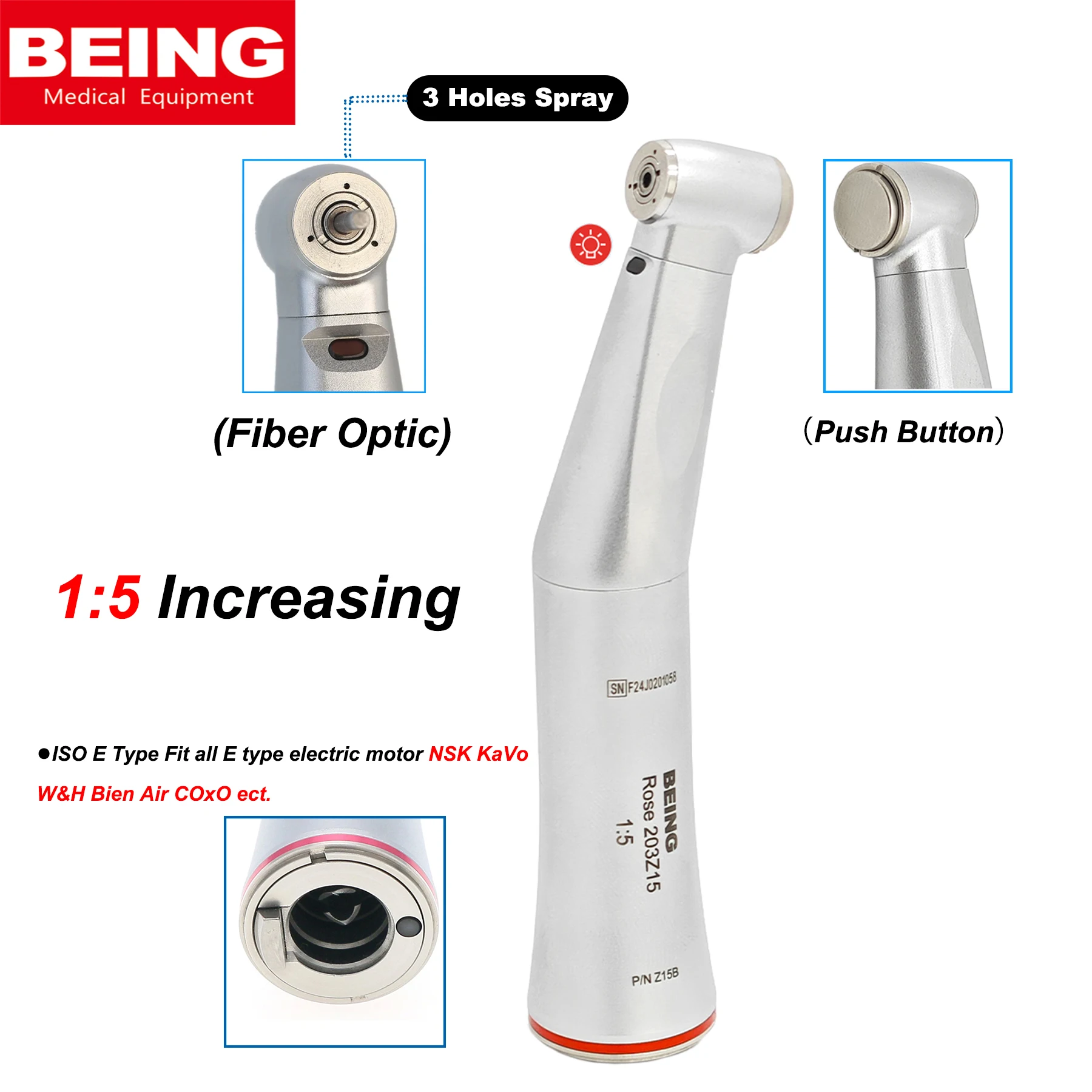 BEING – pièce à main dentaire contre-Angle en Fiber optique 1:5, pièce à main augmentant adaptée à tous les moteurs électriques de type E NSK KaVo WH Bien Air COXO