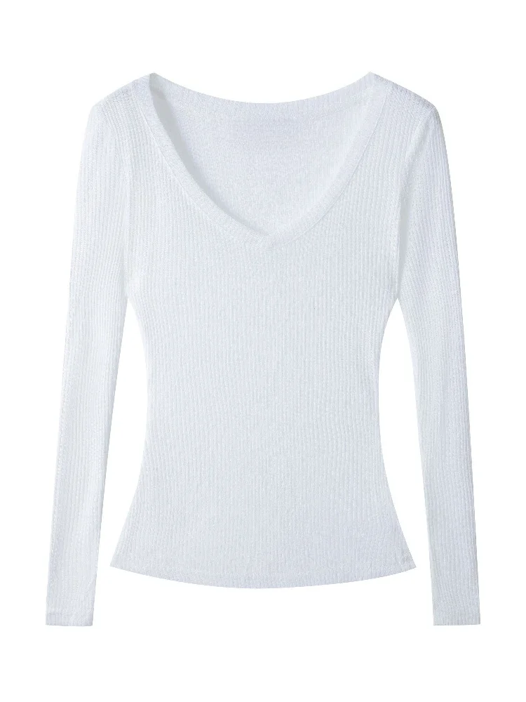 Dünnes Sonnenschutz-Langarmshirt 2026 Sommer Neu V-Ausschnitt Damen T-Shirt Lässiger Stil Durchsichtig Einfarbiges Überzug-Top – Detail 3