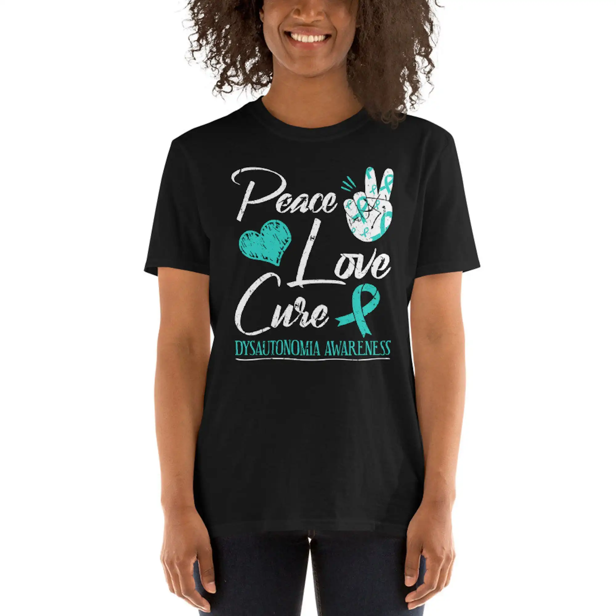 Dysautonomia Awareness Peace Love Cure Blue Ribbon Unisex T-Shirt