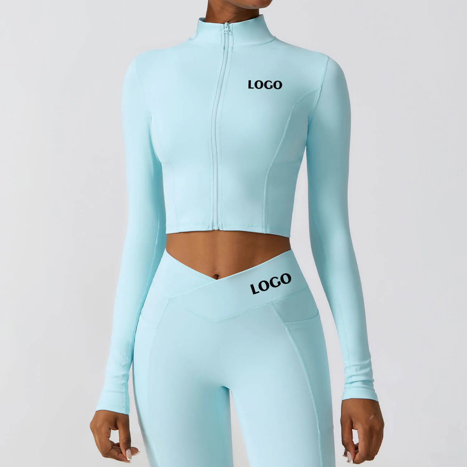 

Custom logo for women's new quick drying long sleeved yoga set zippered jacket sports tight nude pants fitness suit