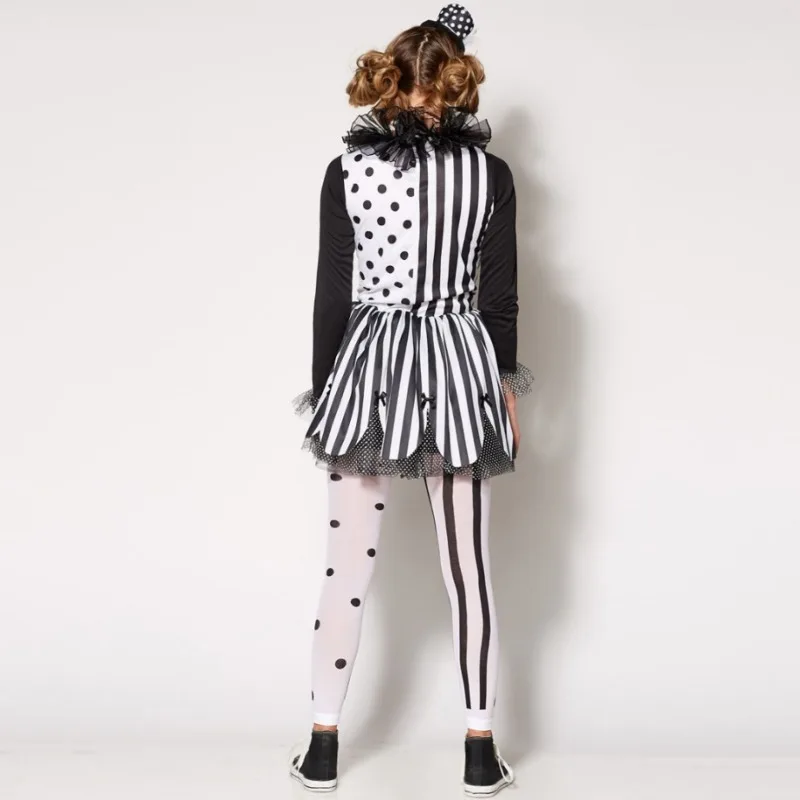 Conjunto de disfraz de payaso aterrador de Halloween para niña, vestido a rayas de lunares, mallas, traje para fiesta, mascarada, celebración, ropa de Cosplay