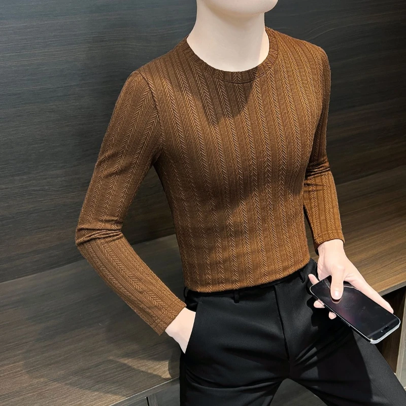 Men's Slim Fit Long Sleeve Thermal Undershirt Stretchy Striped Jacquard Base Layer for Autumn Winter Inner Wear Fitted T-Shirt