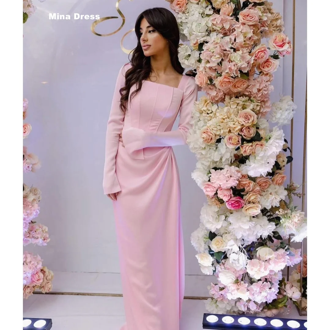 

Mina Customized Pink Elegant Chic Woman Evening Dress Long Sleeves Elegant Party Dresses for Special Occasions Square Collar
