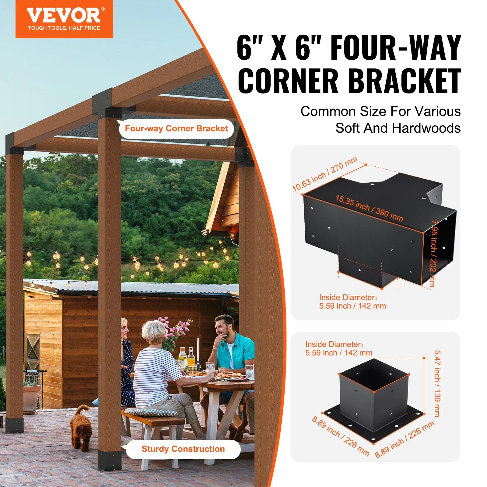 VEVOR Pergola Bracket Kit 6 x 6inch 4pcs 4-Way Heavy Duty Corner Bracket Woodworks DIY Post Base  Easy Installation Wooden Beams