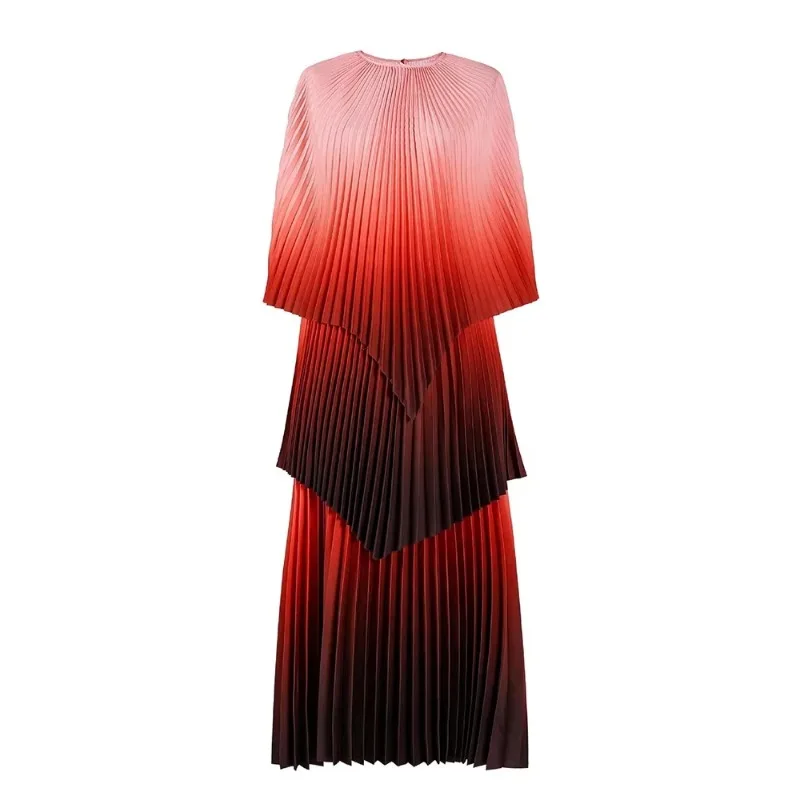 GGHK Pleated Women Two-piece Set Round Neck Fashion Top High Waist Splicing Design Loose Big Size Skirt 2024 Spring Fall New