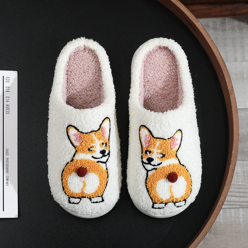 Plush Dog Slippers Cartoon Animal Slippers Anti Slip Fluffy Home Slippers Comfortable Thermal Corgi Slippers for Indoor Bedroom