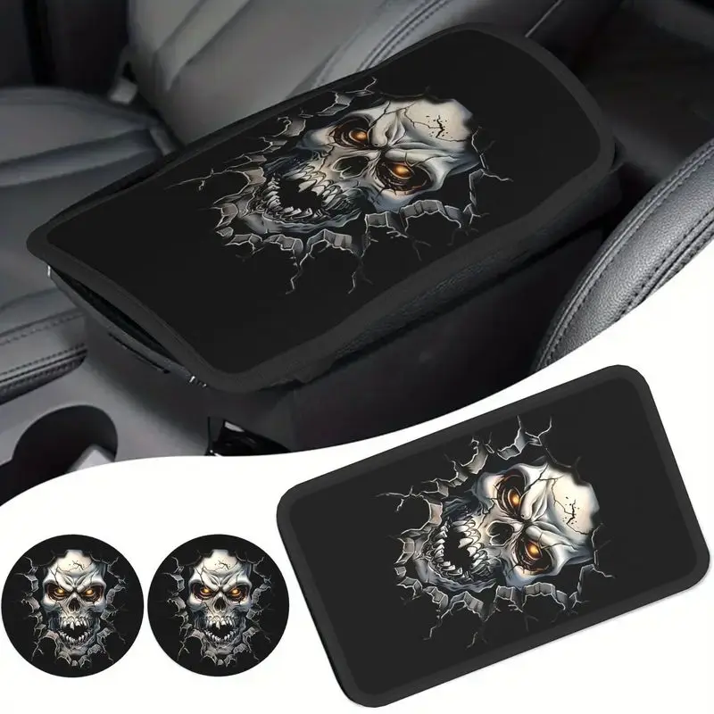 Set Of 1Pc Car Armrest Cover & 2Pcs Cup Coasters 3D Gothic Skull Breaking Through Car Interior Decor