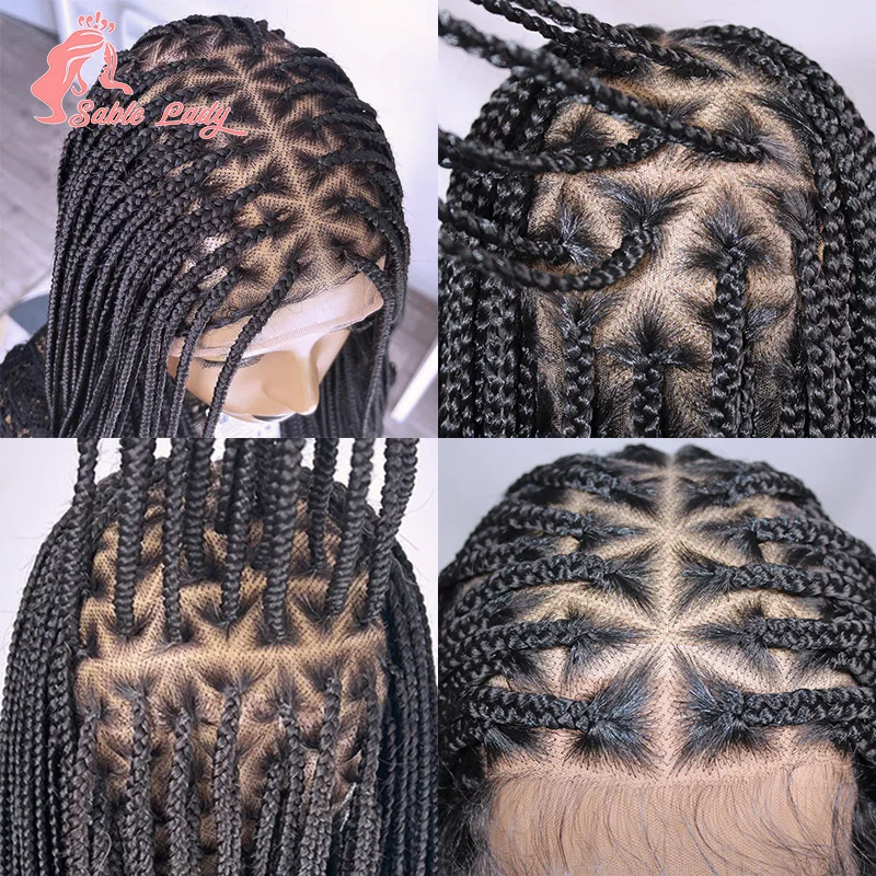 Wig kepang sintetis untuk kotak WANITA HITAM kepang segitiga rambut kepang renda penuh Wig renda Cornrow Lace Wig kepang rambut Wig wanita Sable