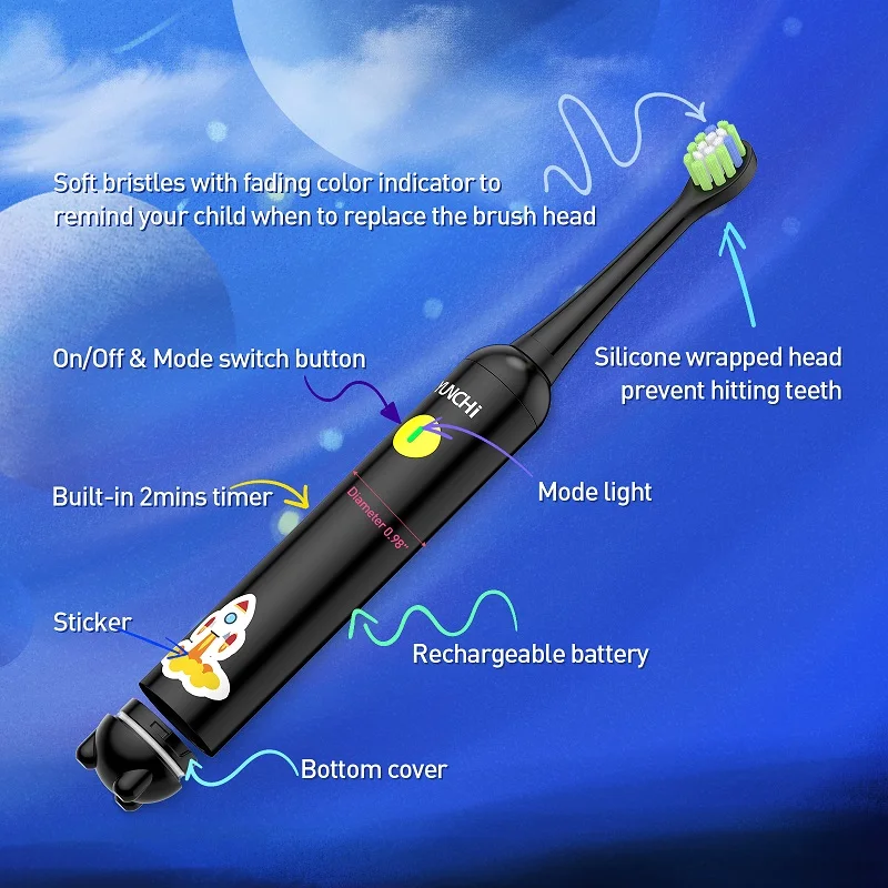 Детская электрическая звуковая зубная щетка Yunchi с 4 сменными насадками для наклеек, перезаряжаемая от USB, срок службы батареи 300 минут, IPX7, водонепроницаемая