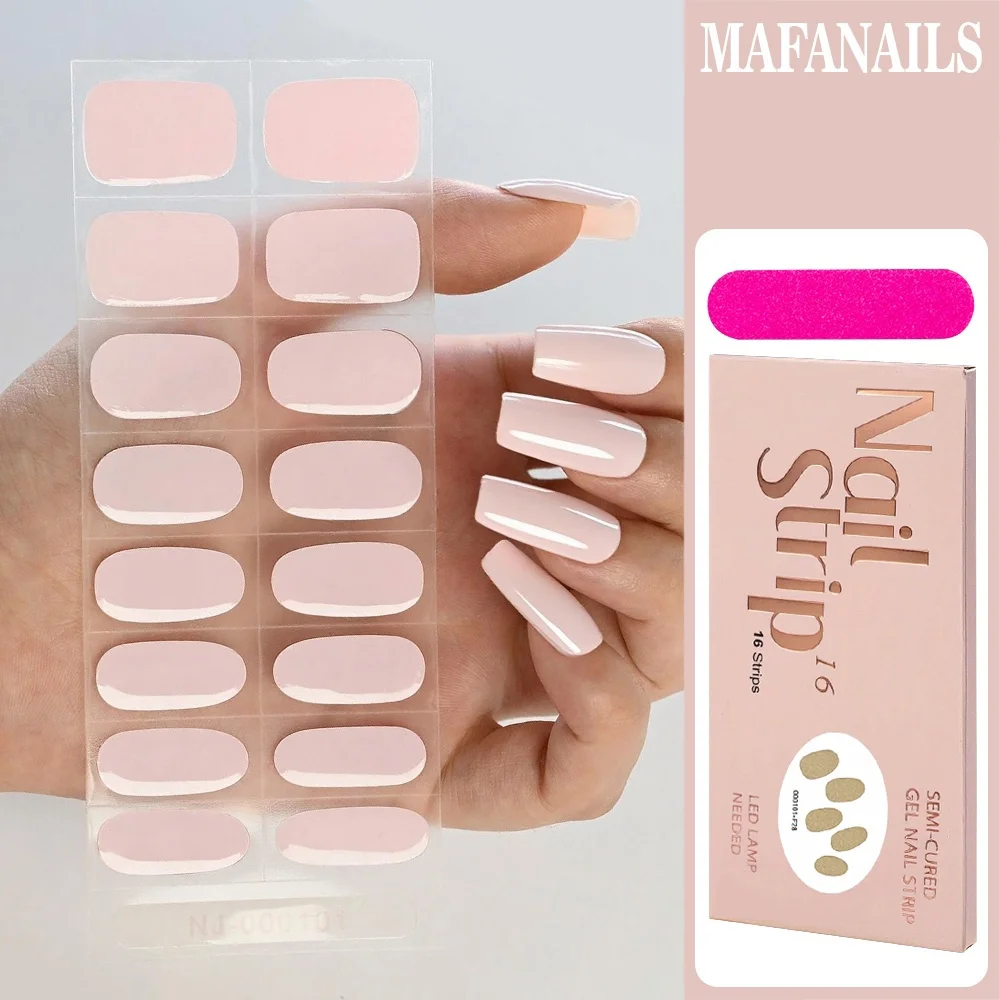 16Tips/Sheet Semi-Cured Gel Nail Strips Solid Pink Color Jelly Nail Patch Long Lasting Full Cover UV Lamp Needed Nail Stickers *
