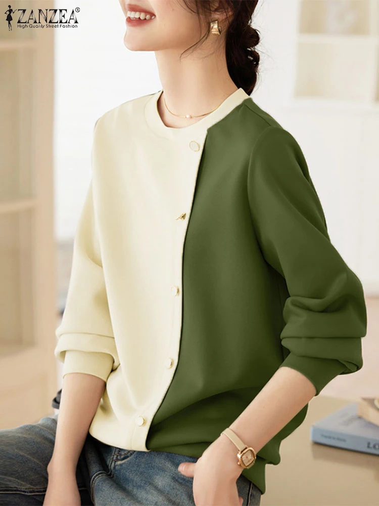

ZANZEA Color Block Autumn 2024 Hoodies Korean Fashion Long Sleeve Loose Casual Women Pullover Tops Patchwork O Neck Sweatshirts