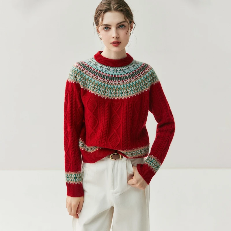 

Women Cashmere Sweater Faire Isle Jacquard Vintage Style Sweater Thick Mock Neck Pullover Autumn Winter 100% Cashmere Knitwear
