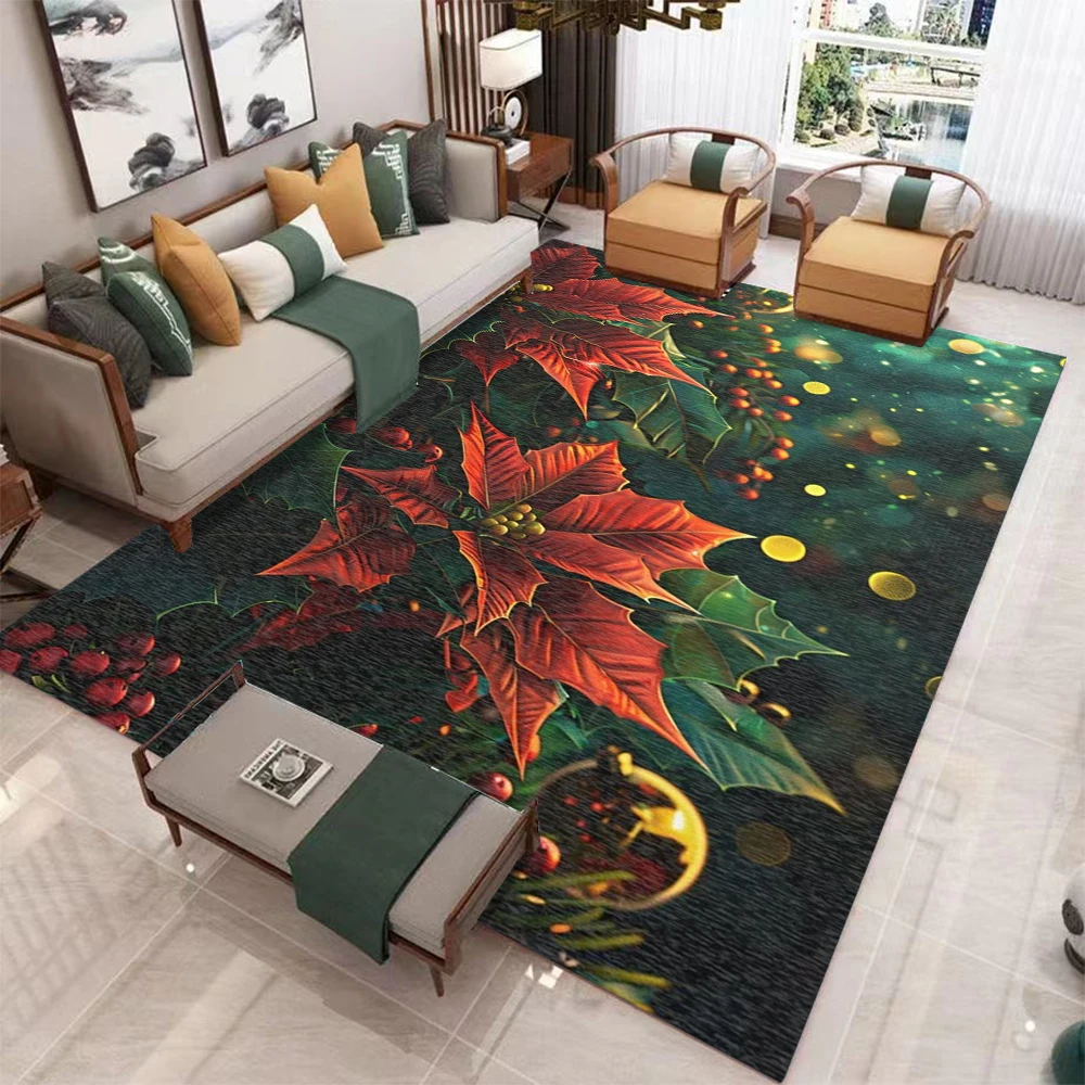 Poinsettia Area Rug Christmas Art Deco Style, Holiday Home Decor Rugs for Bedroom Living Room Winter Carpet for Dining Room