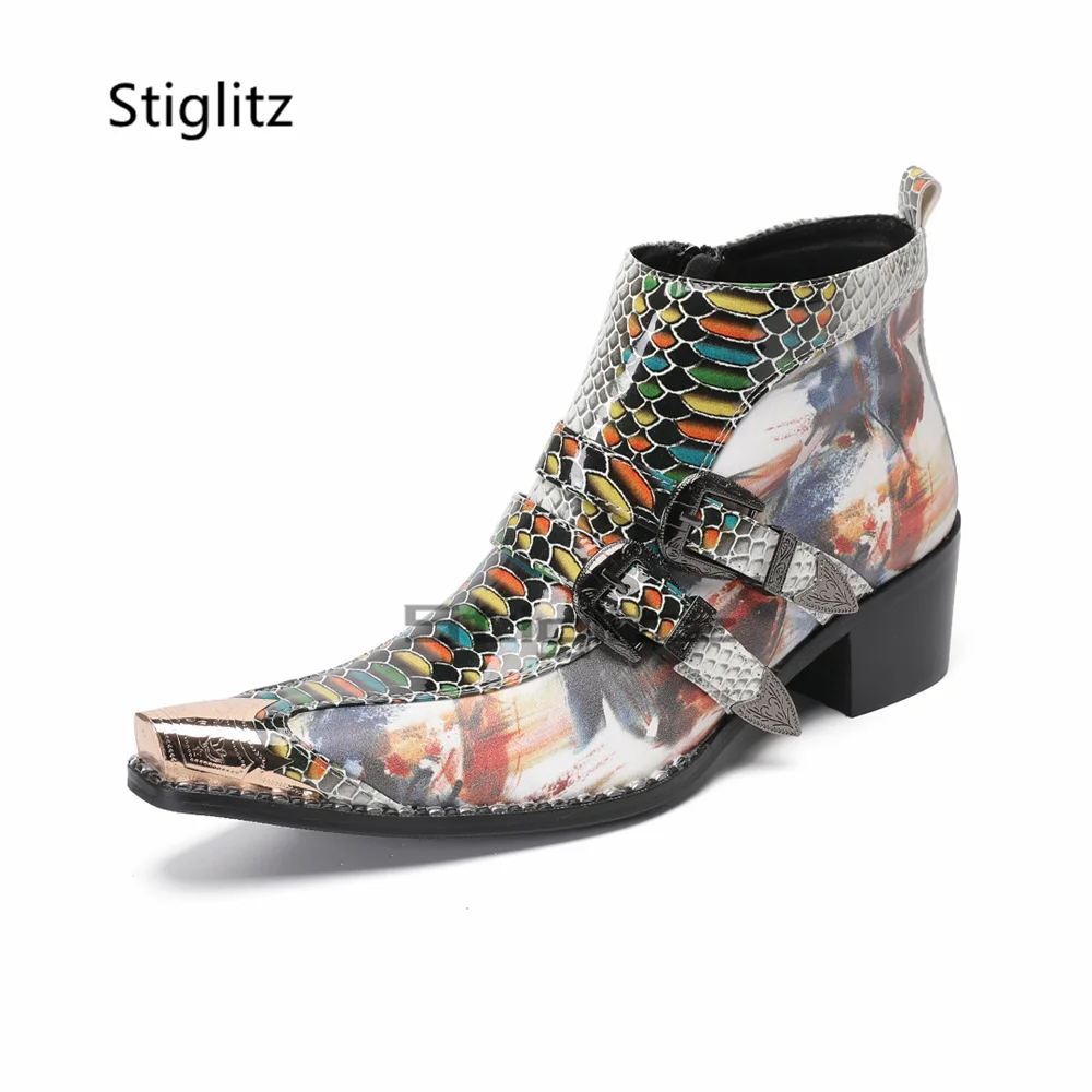 

Prints Alligator Leather High Heels Chelsea Boots for Men Double Buckle Patchwork Metal Pointed Toe Ankle Boots Business Shoes