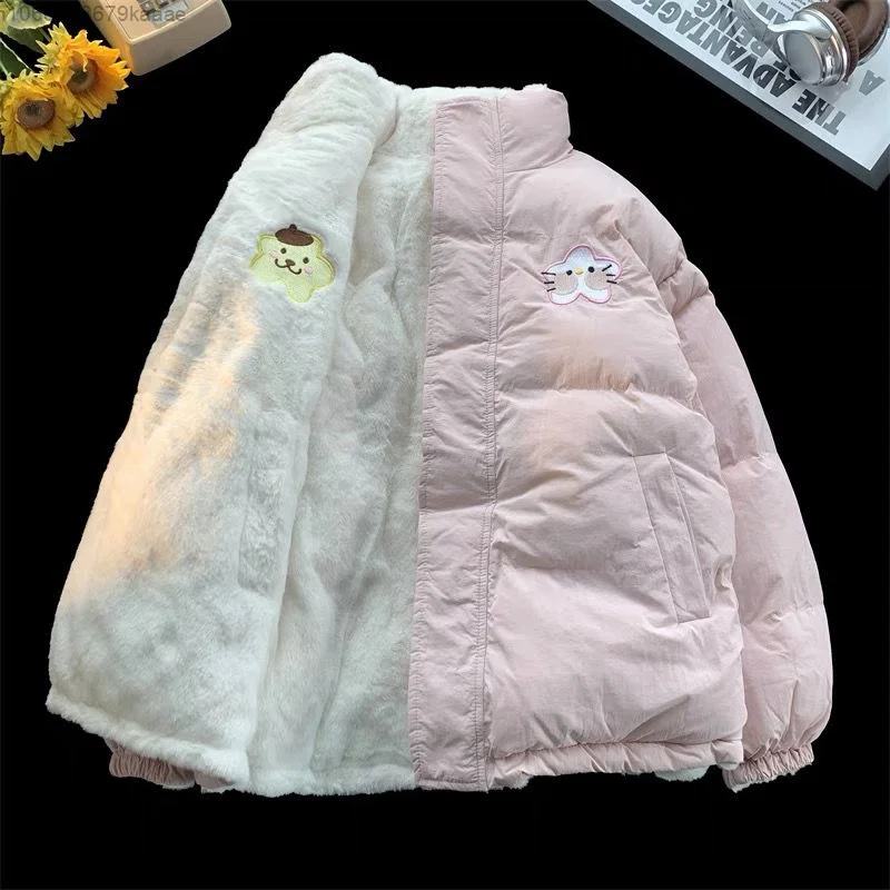 Sanrio Cute Cartoon Thick Warm Two Sided Coat For Women Winter College Style Loose Casual Versatile Jacket New Trend Zipper Coat