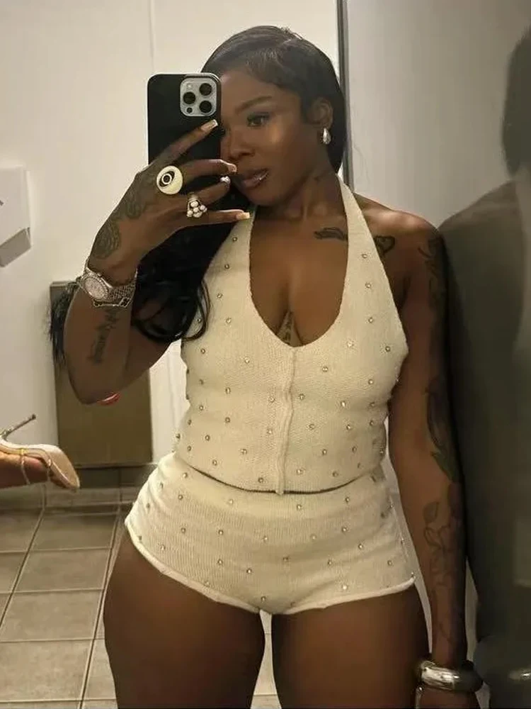 

Weird Puss Diamond Women 2 Piece Set Luxury Knit Halter Backless Tank Tops+Shorts Casual Matching Streetwear Stretch Simple Suit