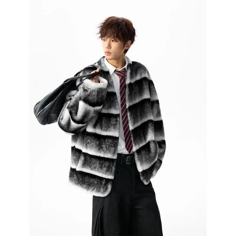 Mink Fur Jacket for Men and Women 2026 Winter New Fashion Korean Version V-neck Striped Contrasting Casual Loose Thick Warm Coat
