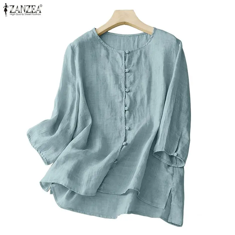 

Модные женские блузки ZANZEA: повседневные туники на пуговицах, летние и весенние свободные блузки с рукавом 3/4, с круглым вырезом, для офиса, оверсайз